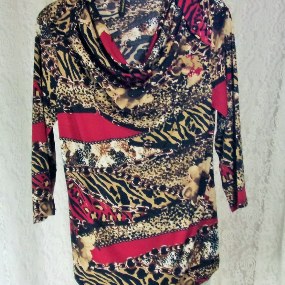Susan Lawrence  Drape Front Blouse Top Jungle Print Leopard Size M